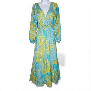 Olivia James The Label - Maxi Dress Size L Teal And Lime Green Tropical Print